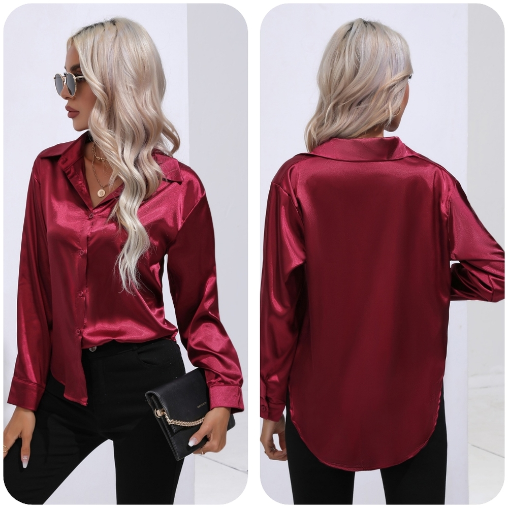 Burgundy Collared Neck Buttoned Long Sleeve Shirt